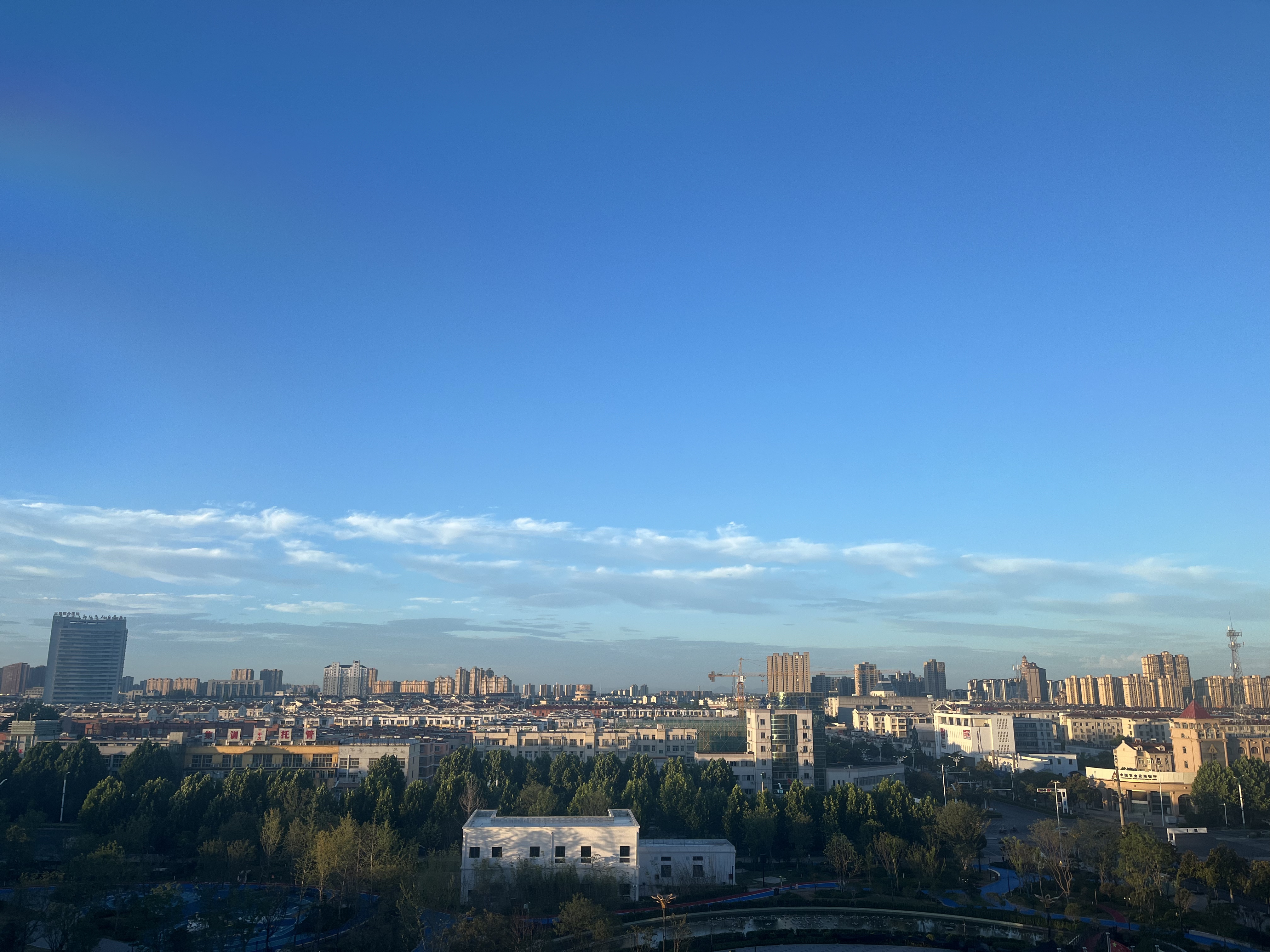 View of a city skyline with clear blue skies and buildings stretching into the distance.