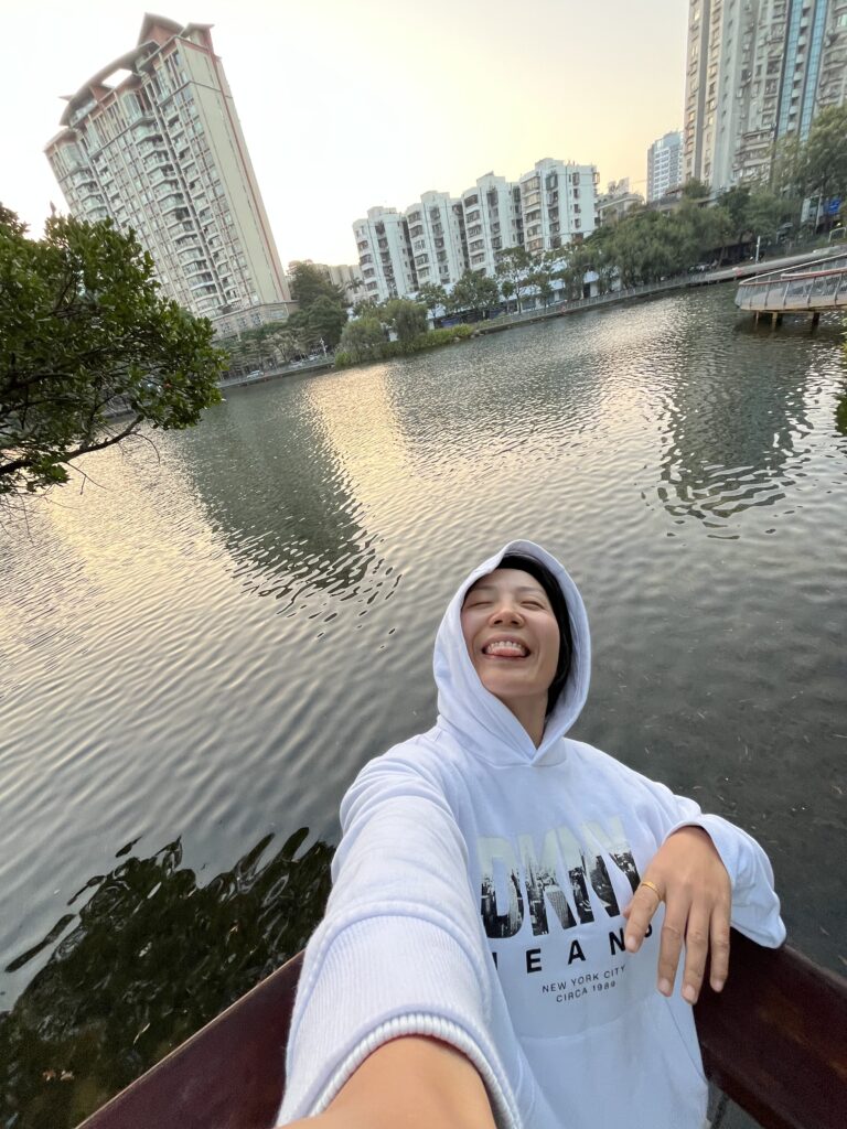 Falls smiling happily