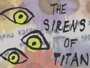 The Sirens of Titan book cover placed over a background of handmade dried flower bookmarks