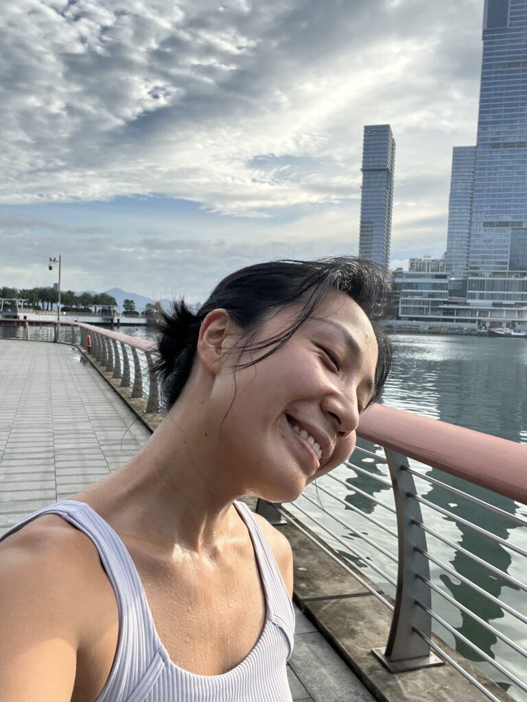 Selfie after a morning run by the sea in the sunlight