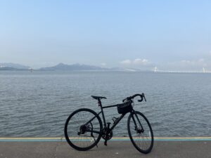 A bike parked by the roadside with the sea and bridge in the distance
