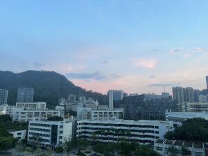 Pink dawn over distant mountains in the early morning